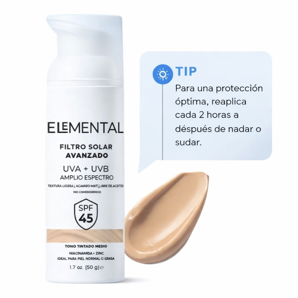 FILTRO SOLAR UVA + UVB SPF 45 CON TONO