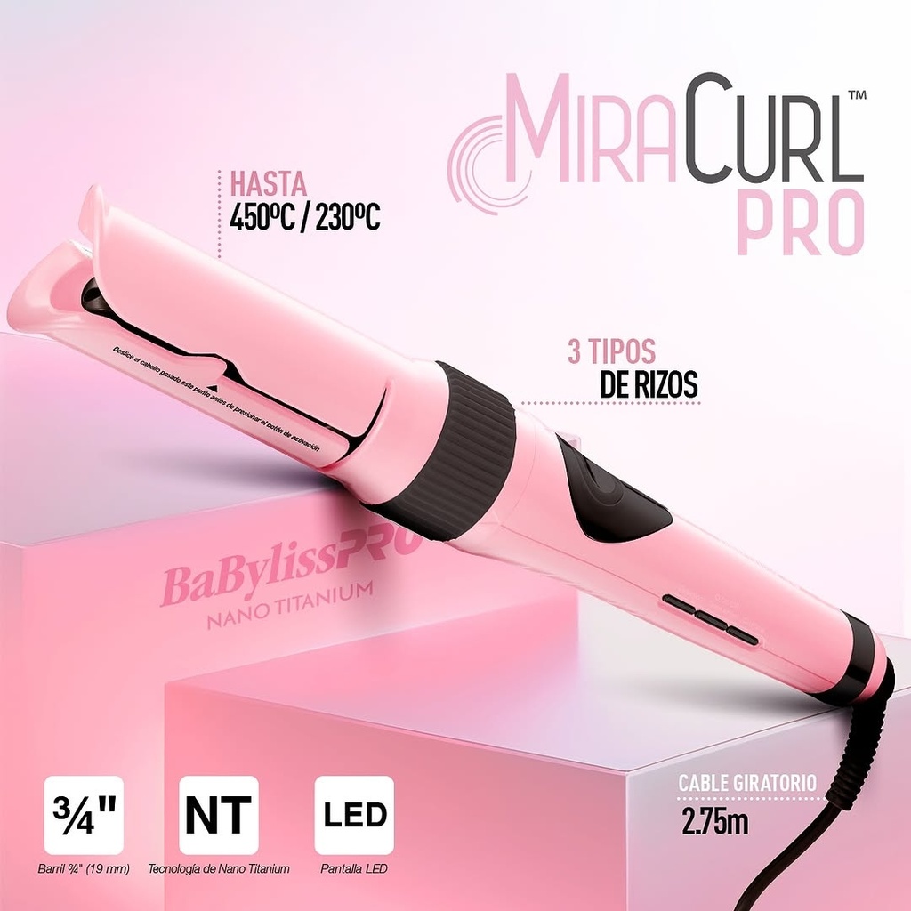 BaBylissPRO® RIZADORA MIRACURL PRO SLIM MIAMI PINK 3/4